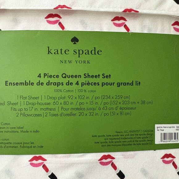 NEW Kate Spade Red Lipstick Queen Size Sheet Set 100% Crisp Cool Cotton - Picture 2 of 3